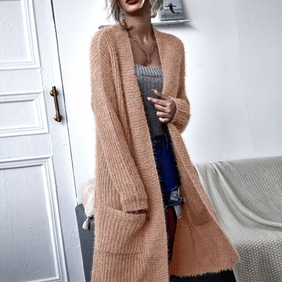 Open front fuzzy pocket long cardigan coat  peach - Picture 2 of 6